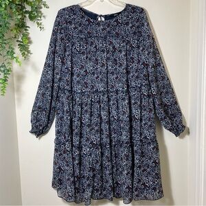 🌻ELLOS | Boho Bishop Long- Sleeve Chiffon Tiered Navy Ditsy Floral Knee Dress
